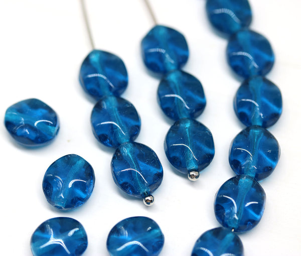 9x8mm Indicolite blue flat oval wavy czech glass beads, 20Pc