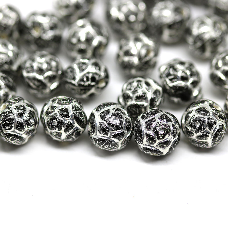 7mm Black rose bud beads, silver wash rose flower round bead, 30pc