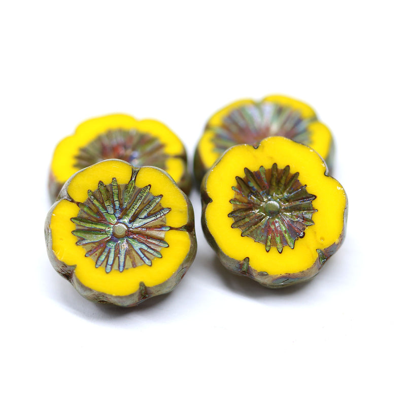 14mm Yellow pansy flower beads, picasso czech glass daisy 4Pc