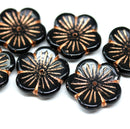20mm Large black Czech glass flower beads copper wash, 6Pc