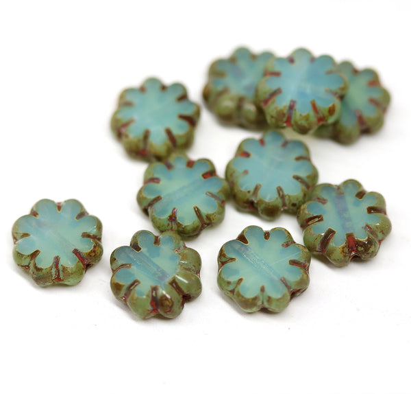 9mm Opal blue picasso flower beads czech glass flat daisy - 15pc