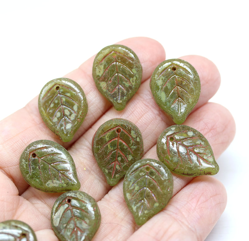 18x13mm Picasso green Czech glass leaves, 10Pc