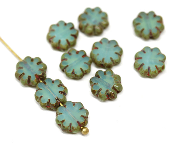 9mm Opal blue picasso flower beads czech glass flat daisy - 15pc