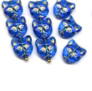 11mm Dark blue cat head Czech glass beads gold inlays - 10pc