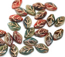 12x7mm Dark red green beige Czech glass beads copper inlays, 30pc