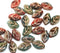 12x7mm Dark red green beige Czech glass beads copper inlays, 30pc