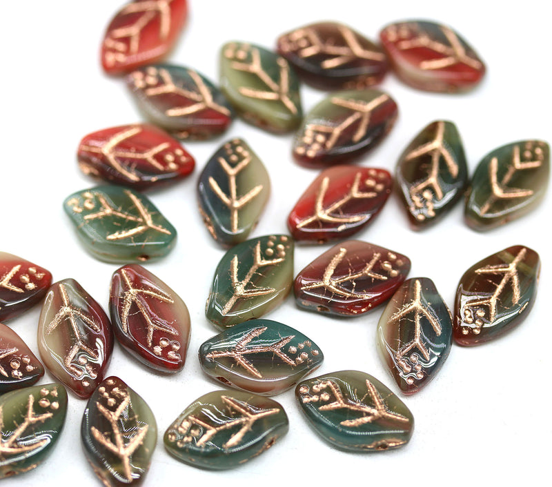 12x7mm Dark red green beige Czech glass beads copper inlays, 30pc