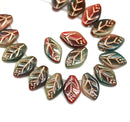 12x7mm Dark red green beige Czech glass beads copper inlays, 30pc