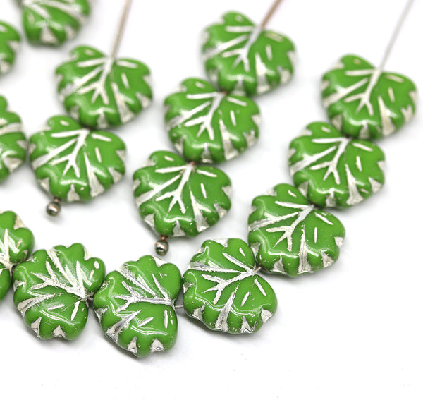 11x13mm Opaque light green maple czech glass leaf beads silver wash, 15pc