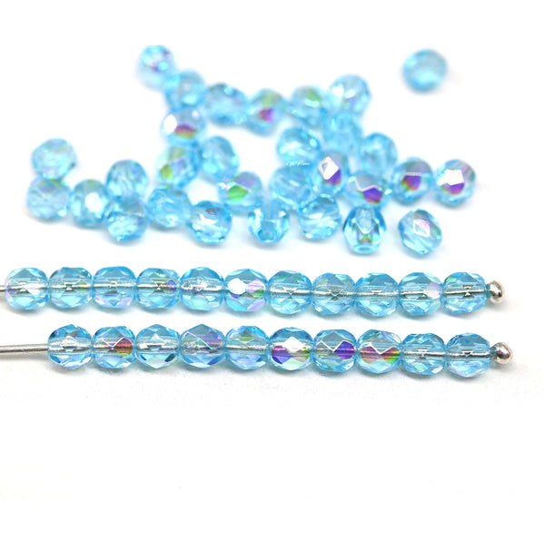 4mm Aqua Blue czech glass beads, fire polished AB finish - 50Pc