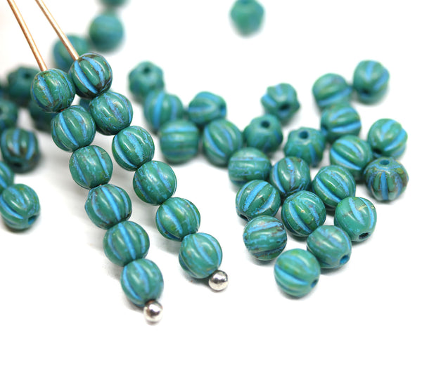 4mm Dark turquoise green melon shape glass beads with blue stripes, 50pc