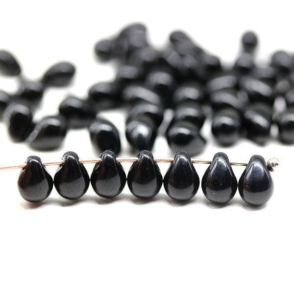 5x7mm Jet Black drop beads, teardrops pressed czech glass, 50pc
