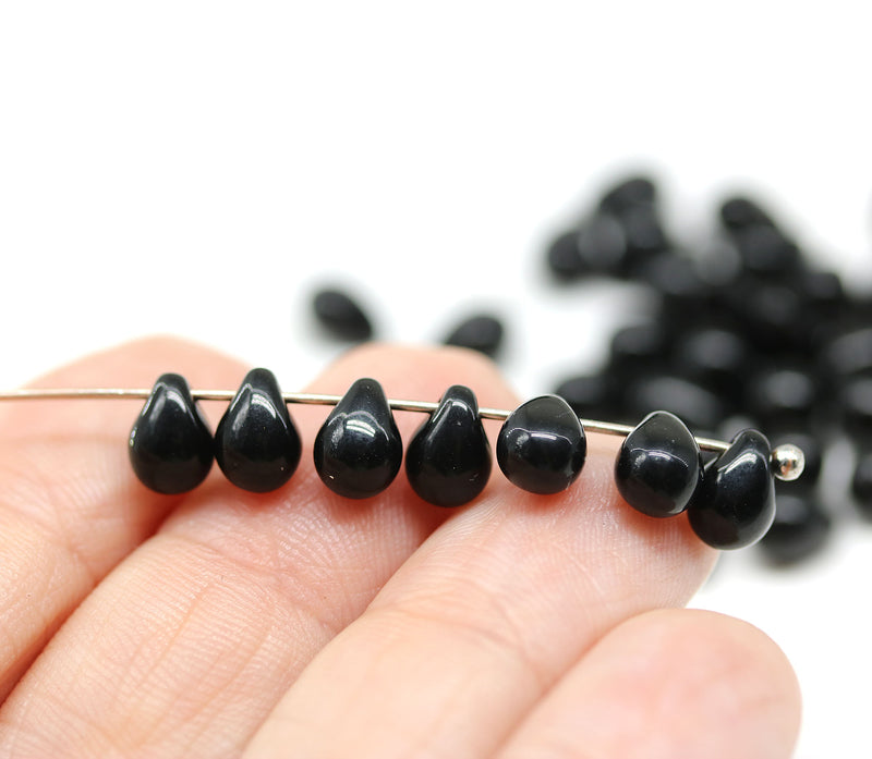 5x7mm Jet Black drop beads, teardrops pressed czech glass, 50pc