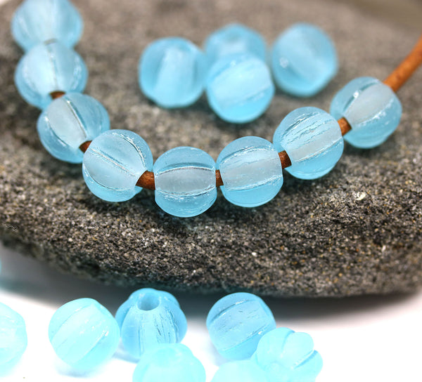 2.5mm hole Frosted blue 8mm melon shape beads, 20pc
