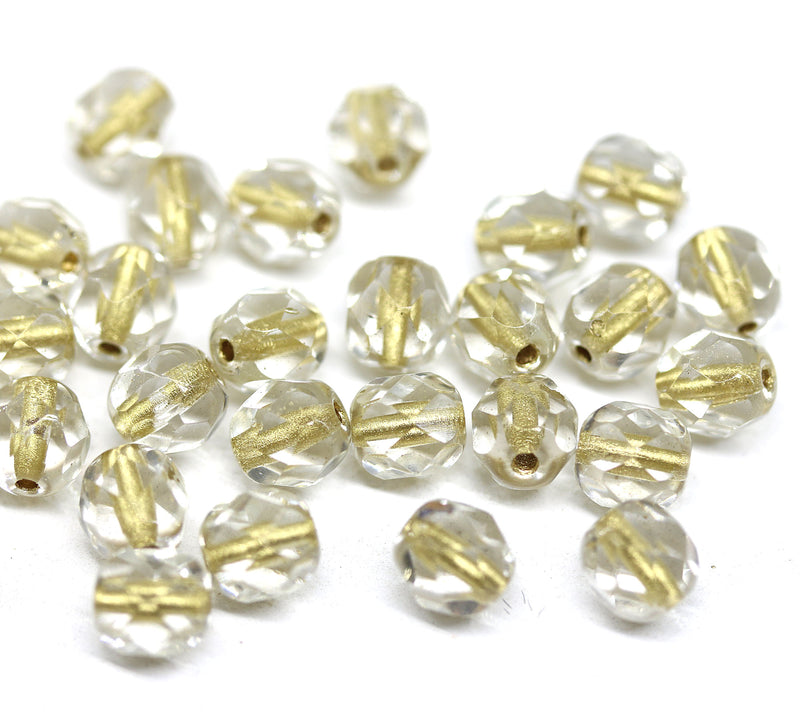 6mm Crystal clear czech glass beads golden hole wash round faceted, 30Pc