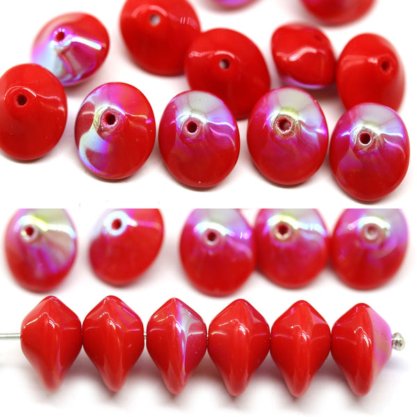 7x11mm Red saucer UFO shape AB finish Czech glass beads 15Pc