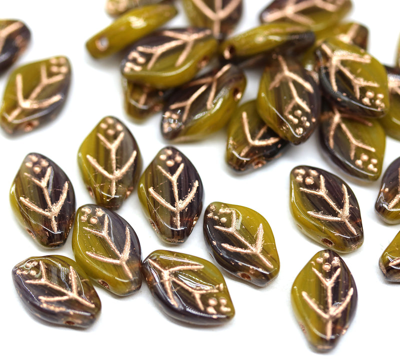 12x7mm Mixed yellow purple leaf beads Czech glass, 30Pc