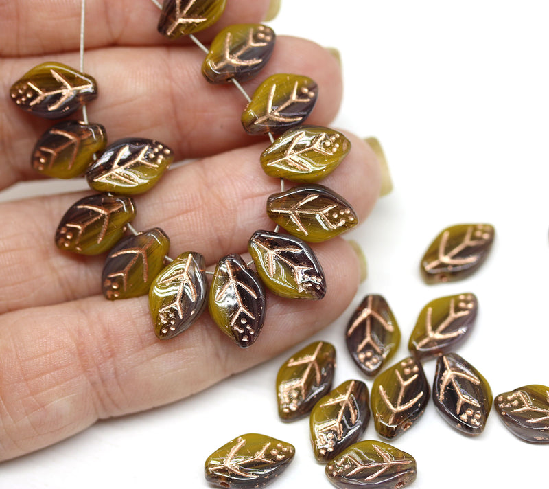 12x7mm Mixed yellow purple leaf beads Czech glass, 30Pc