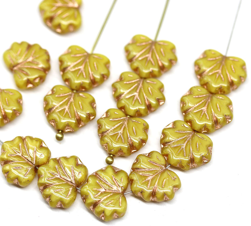 11x13mm Yellow maple czech glass leaf beads copper wash, 15pc