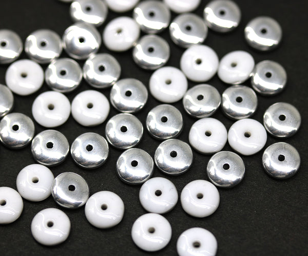 6mm White silver czech glass rondelle spacer beads, 50pc