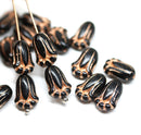 12x8mm Jet black and copper wash Czech glass tulip flower beads,  20Pc