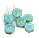 12mm Turquoise blue pansy flower Picasso finish fire polished beads