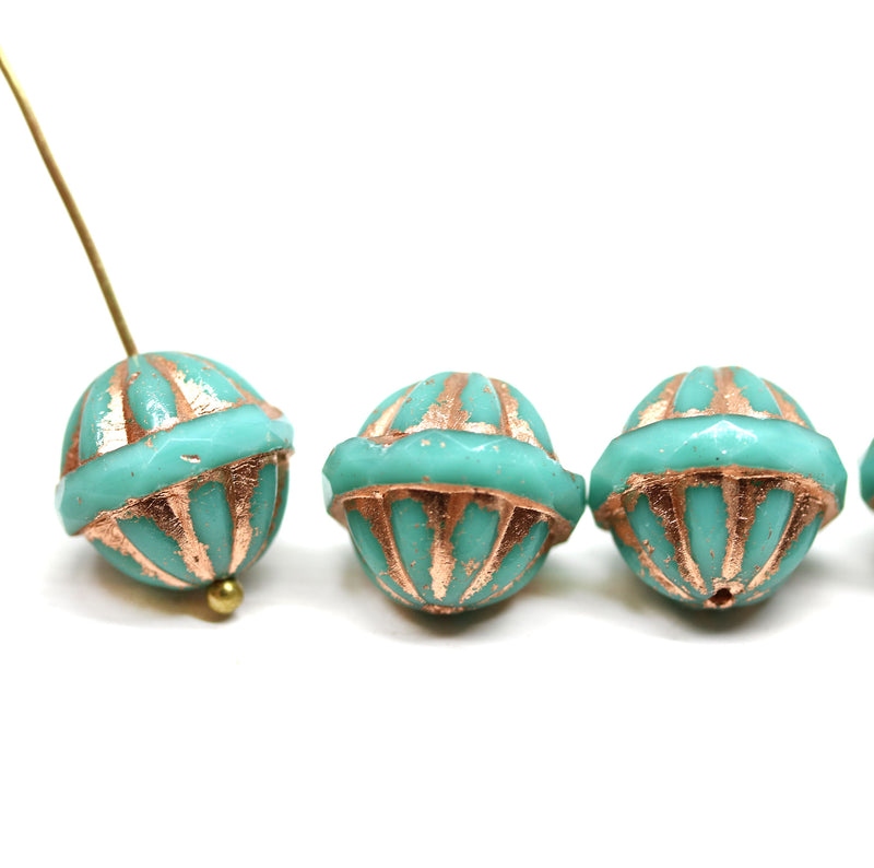 Turquoise large fancy bicone beads, copper inlays fire polished Czech glass