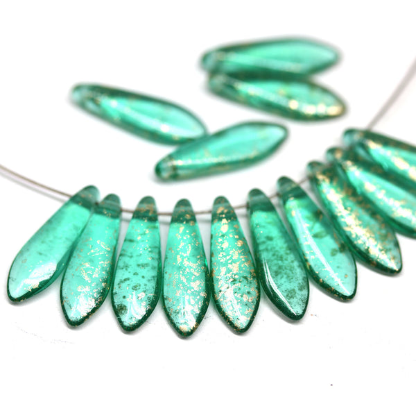 Teal dagger,golden flakes czech glass beads DIY jewelry