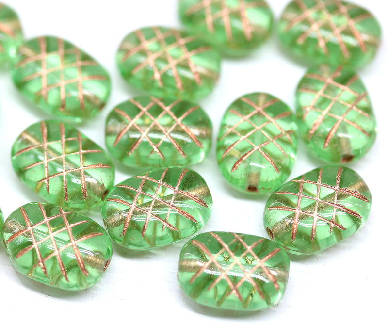 13x9mm Puffy oval spring green czech glass pressed beads, copper wash, 15pc