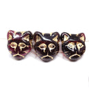 Dark purple cat head beads, golden inlays Czech glass feline beads