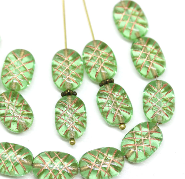 13x9mm Puffy oval spring green czech glass pressed beads, copper wash, 15pc
