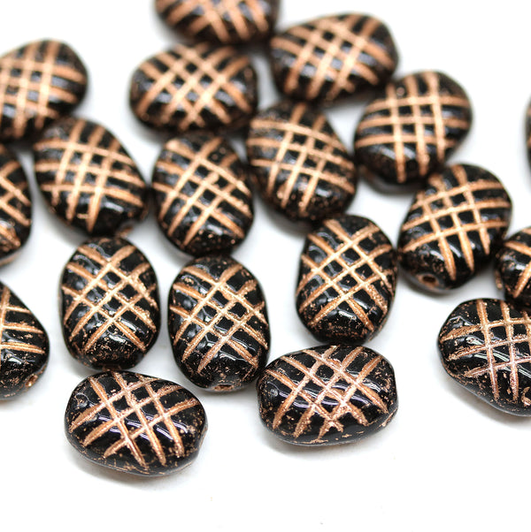 10x7mm Puffy oval black czech glass pressed beads, copper wash, 20pc