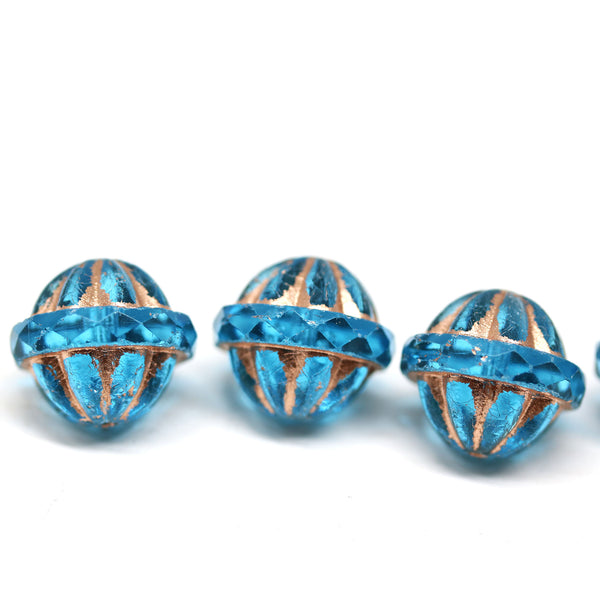 12x14mm Dark blue large fancy bicone beads, copper wash fire polished Czech glass 4Pc