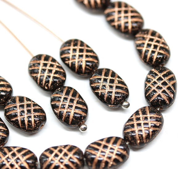 10x7mm Puffy oval black czech glass pressed beads, copper wash, 20pc