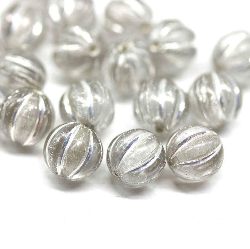 8mm Gray czech glass round beads, melon shape, silver wash, 20pc