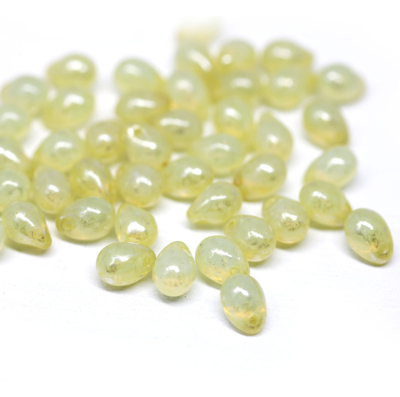 Light opal yellow glass drops, czech teardrop beads - 5x7mm
