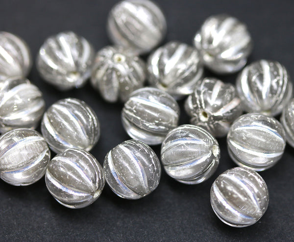 8mm Gray czech glass round beads, melon shape, silver wash, 20pc