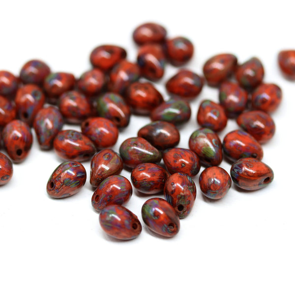 Dark orange picasso glass drops, czech teardrop beads for jewelry making