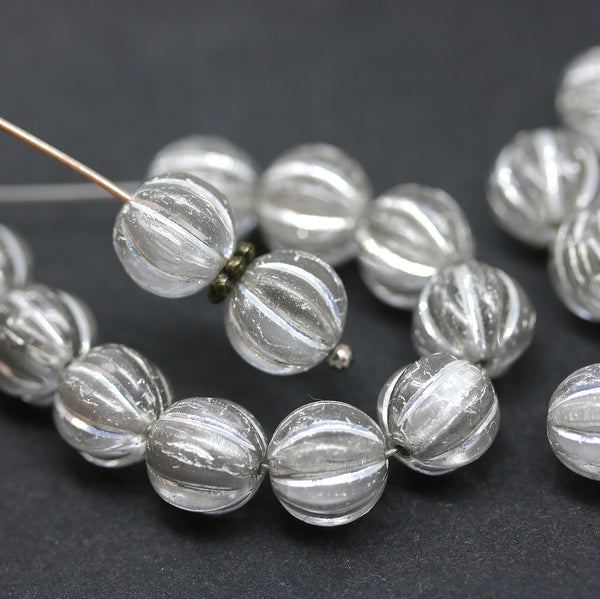 8mm Gray czech glass round beads, melon shape, silver wash, 20pc