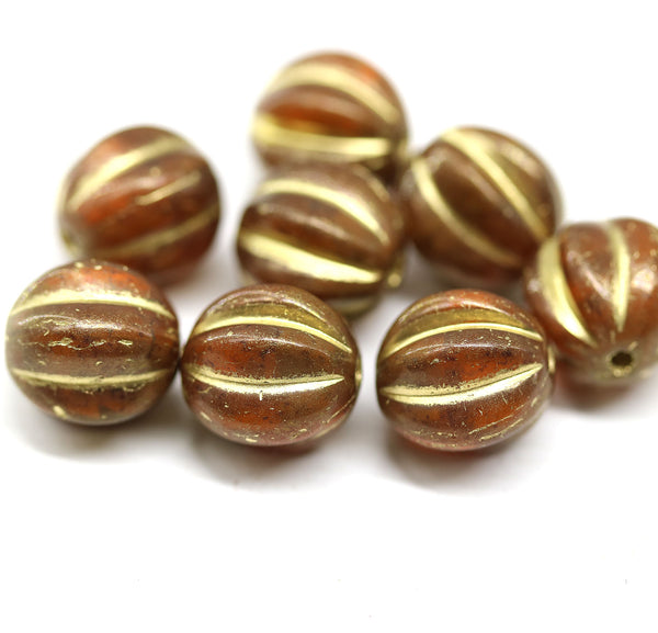 10mm Opal brown melon czech glass beads, gol wash, 8pc