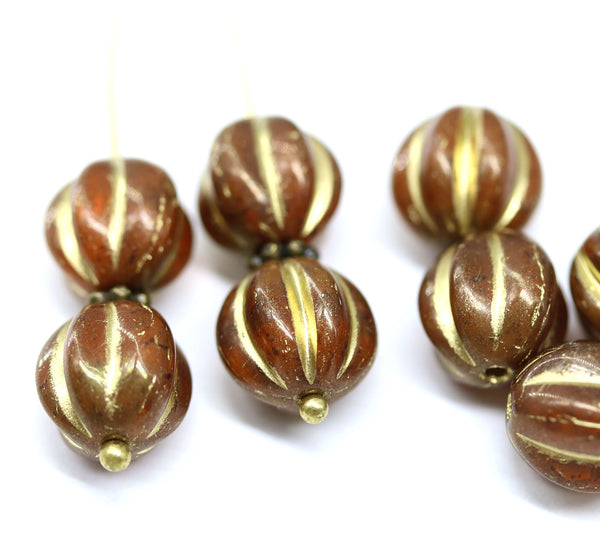 10mm Opal brown melon czech glass beads, gol wash, 8pc