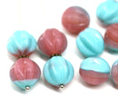 12mm Opal pink green melon czech glass beads, 6pc