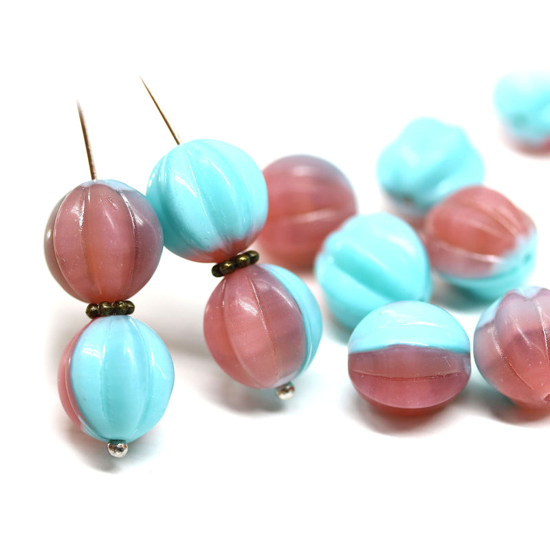 12mm Opal pink green melon czech glass beads, 6pc