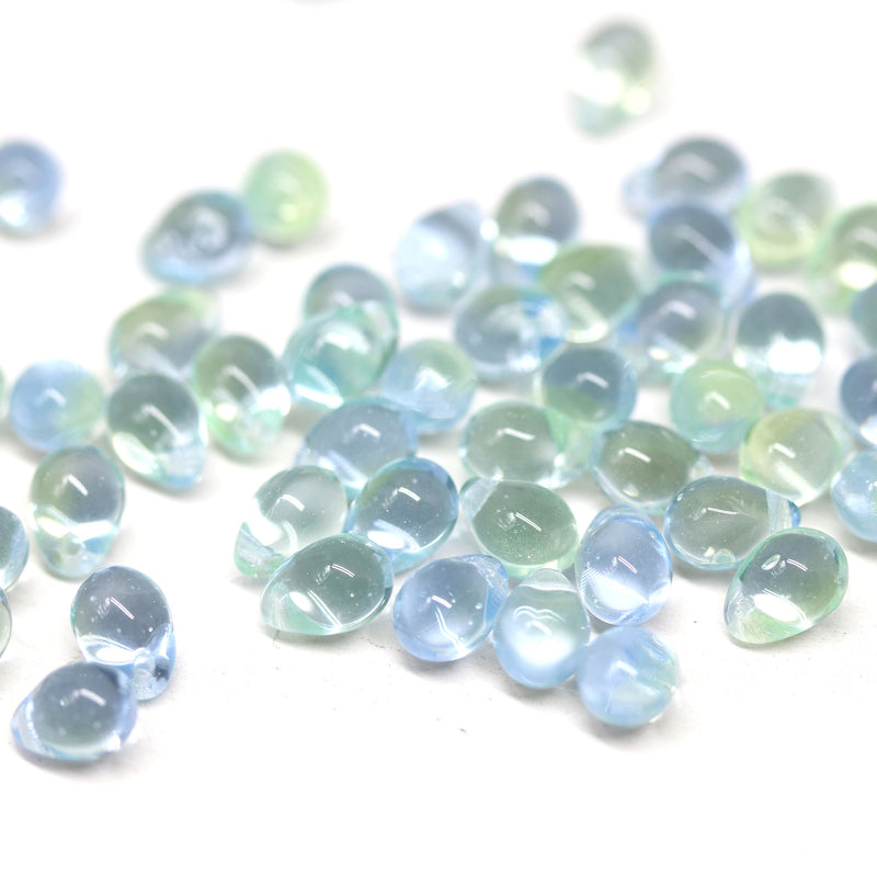 Light blue green glass drops, czech teardrop beads - 5x7mm
