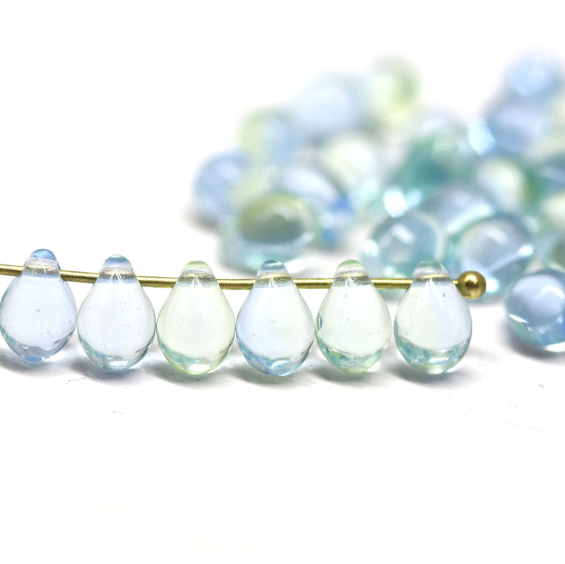Light blue green glass drops, czech teardrop beads - 5x7mm