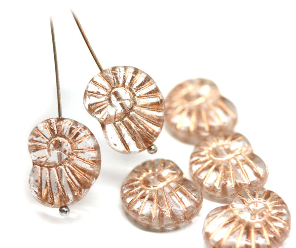 13x17mm Clear ammonite Czech glass beads, nautilus, copper wash, 8pc