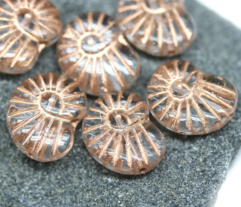 13x17mm Clear ammonite Czech glass beads, nautilus, copper wash, 6pc