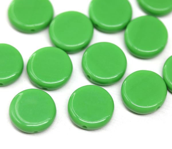 12mm Opaque apple green coin czech glass beads, round tablet beads, 12Pc