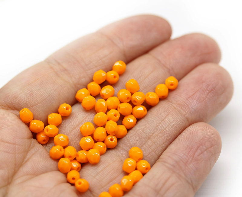 4mm Orange Czech glass beads, fire polished round faceted spacers, 50Pc