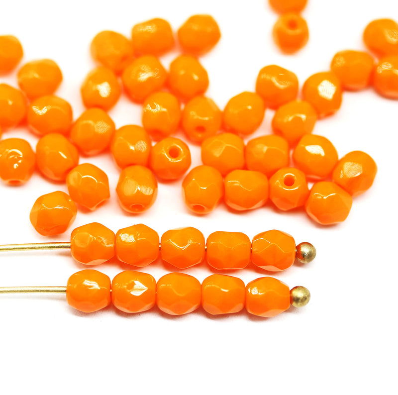 4mm Orange Czech glass beads, fire polished round faceted spacers, 50Pc